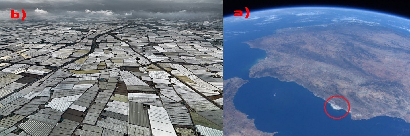 شکل-1) منطقه آلمریا در جنوب اسپانیا، (a تصویر فضایی و مشخص بودن پوشش گلخانه ای، (b تصویر هوایی.