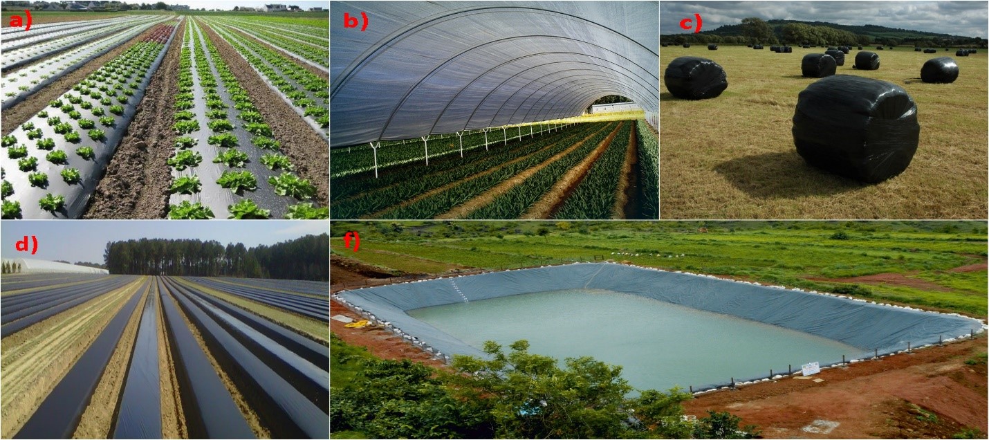 شکل-2) انواع کاربردهای فیلم های پلیمری در کشاورزی: a) فیلم های مالچ، b) پوشش های گلخانه ای و تونلی، c) فیلم های بسته بندی سیلاژ، d) فیلم های ضد عفونی کننده و سولاریزه کننده خاک، f) ژئوممبرین.